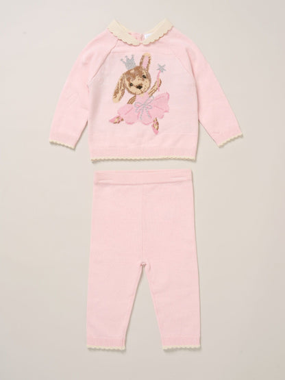 Rock-A-Bye Baby Boutique Light Pink True Knit Bear Jumper And Trousers Outfit Set image 1