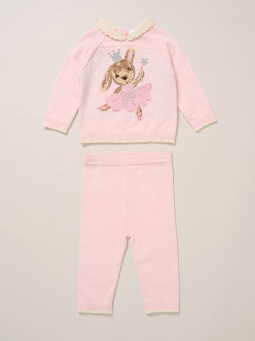 Rock-A-Bye Baby Boutique Light Pink True Knit Bear Jumper And Trousers Outfit Set image 1