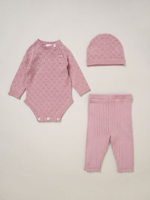 Rock-A-Bye Baby Boutique Pink Baby Knit Bodysuits Leggings And Hats Set 3-Piece image 1