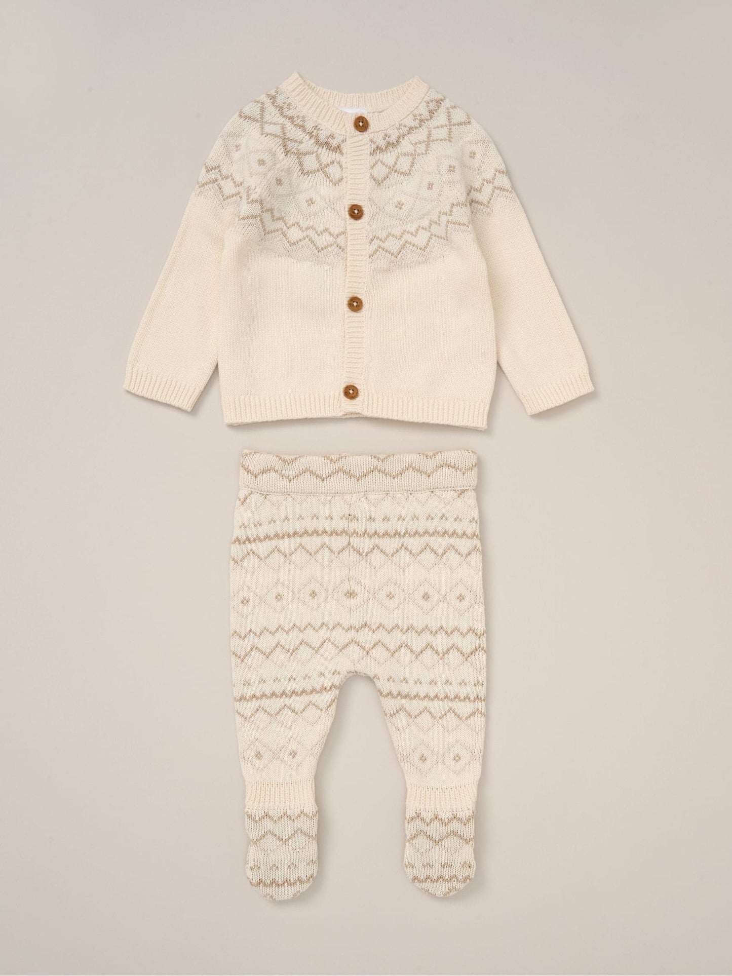 Rock-A-Bye Baby Boutique White True Knit Fairisle Pattern Cardigan And Footed Trousers Outfit Set image 1