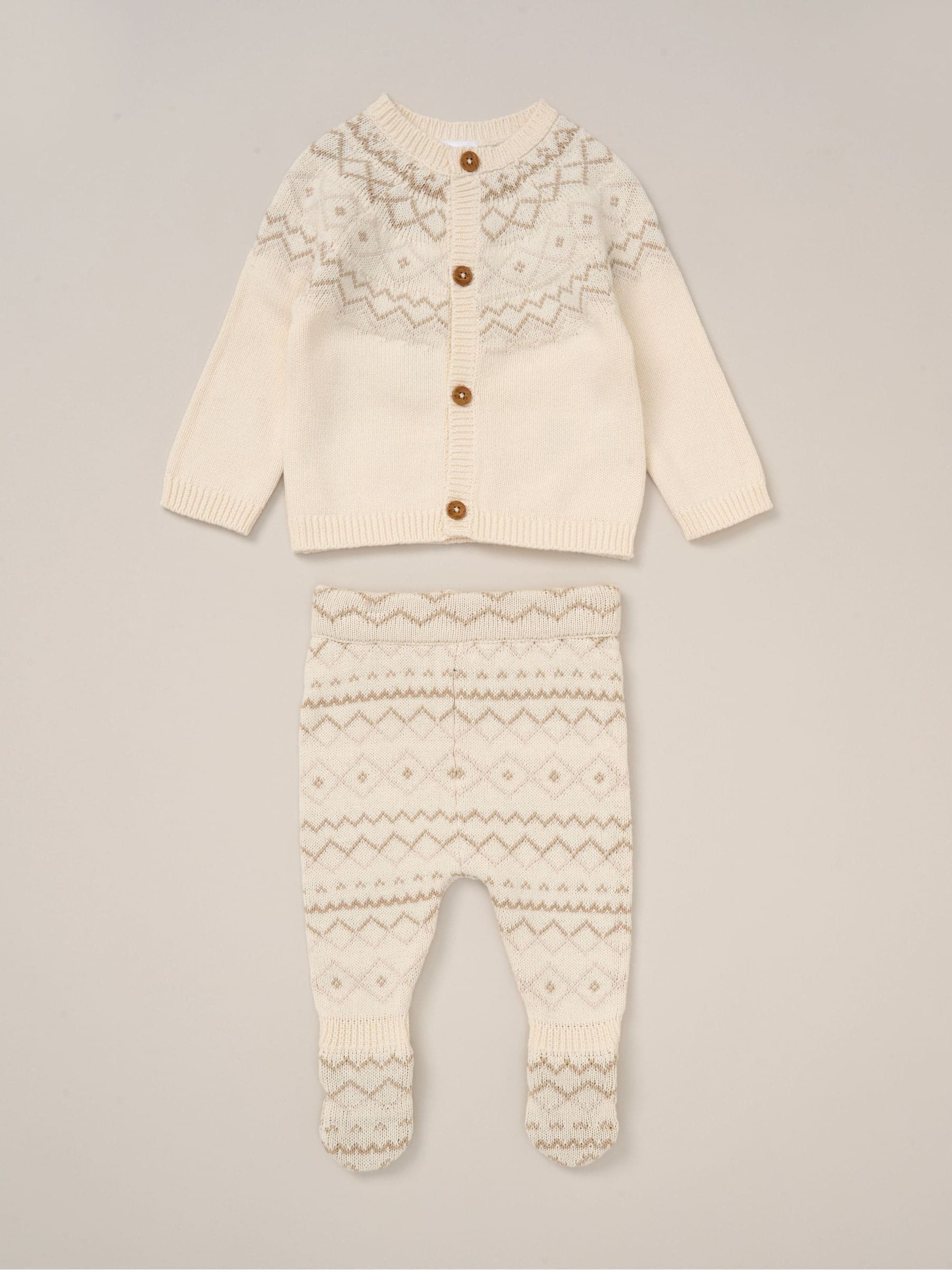Rock-A-Bye Baby Boutique White True Knit Fairisle Pattern Cardigan And Footed Trousers Outfit Set image 1