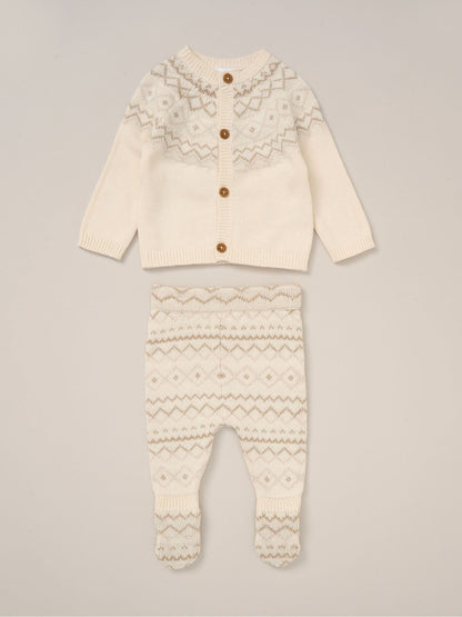 Rock-A-Bye Baby Boutique White True Knit Fairisle Pattern Cardigan And Footed Trousers Outfit Set image 1