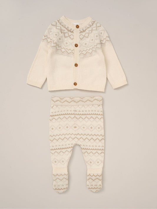 Rock-A-Bye Baby Boutique White True Knit Fairisle Pattern Cardigan And Footed Trousers Outfit Set image 1