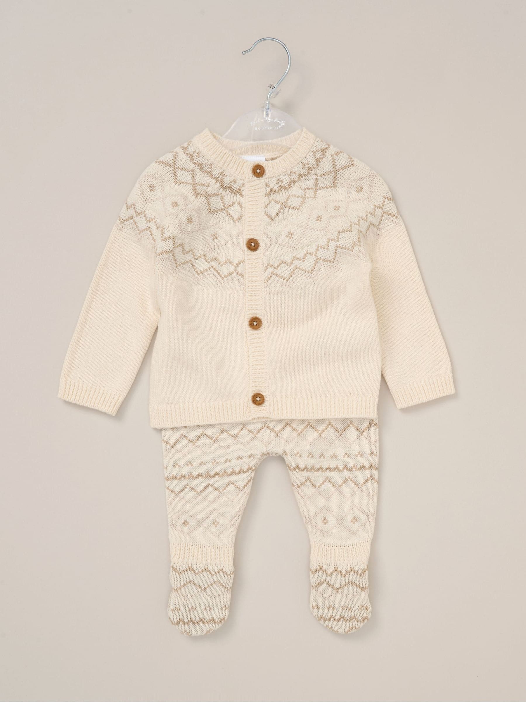 Rock-A-Bye Baby Boutique White True Knit Fairisle Pattern Cardigan And Footed Trousers Outfit Set image 2