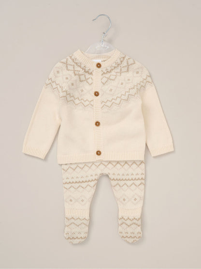 Rock-A-Bye Baby Boutique White True Knit Fairisle Pattern Cardigan And Footed Trousers Outfit Set image 2