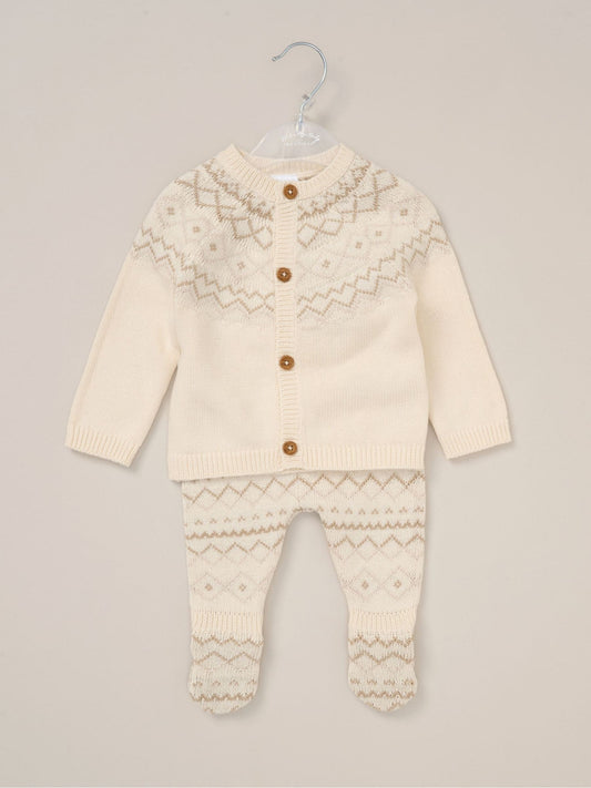 Rock-A-Bye Baby Boutique White True Knit Fairisle Pattern Cardigan And Footed Trousers Outfit Set image 2