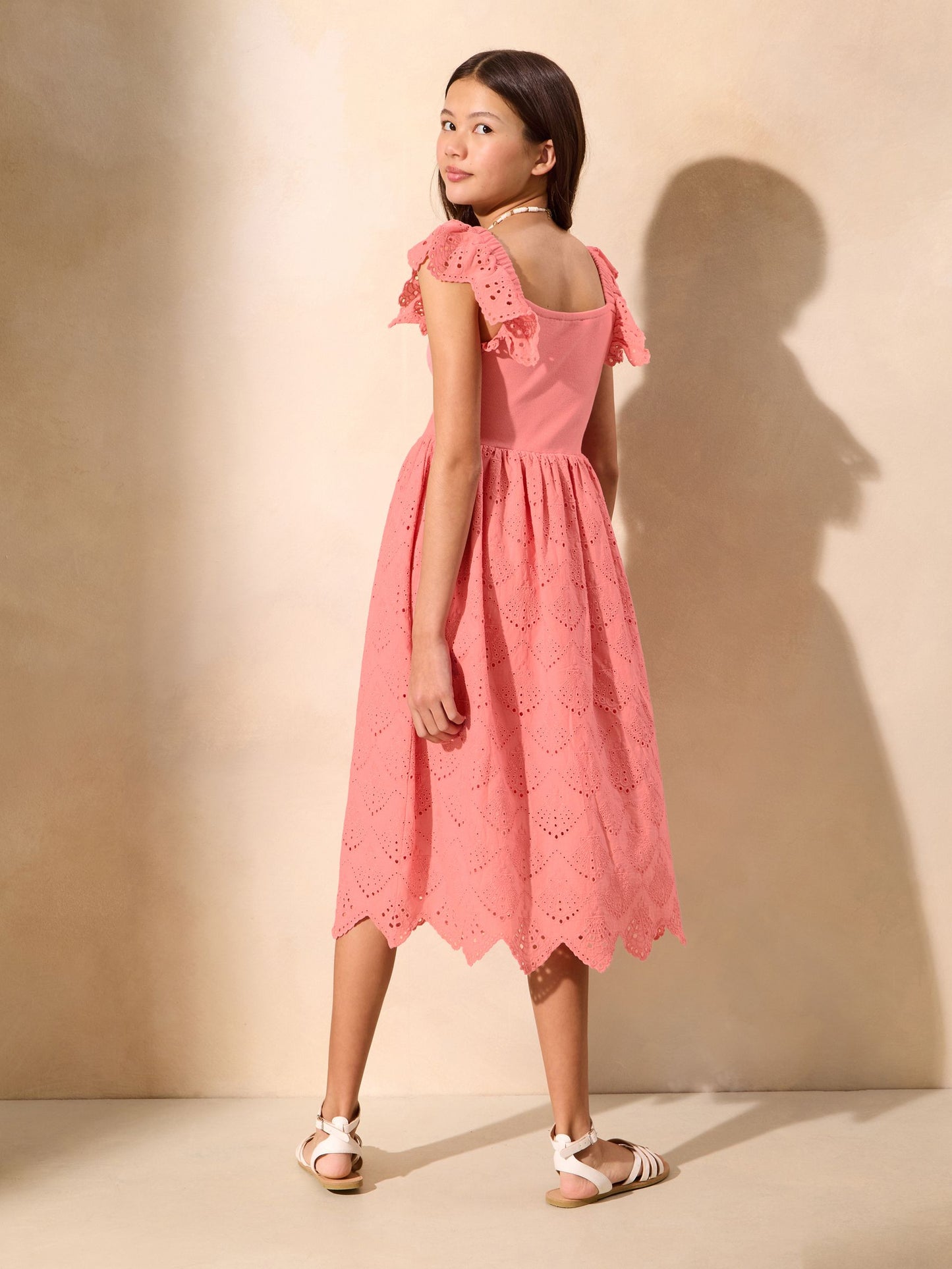 Lipsy Coral Pink Flutter Sleeve Broderie Holiday Dress (5-16yrs) image 4