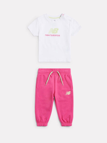 New Balance White/Pink NB Stacked Logo T-Shirt and FT Joggers Set image 1