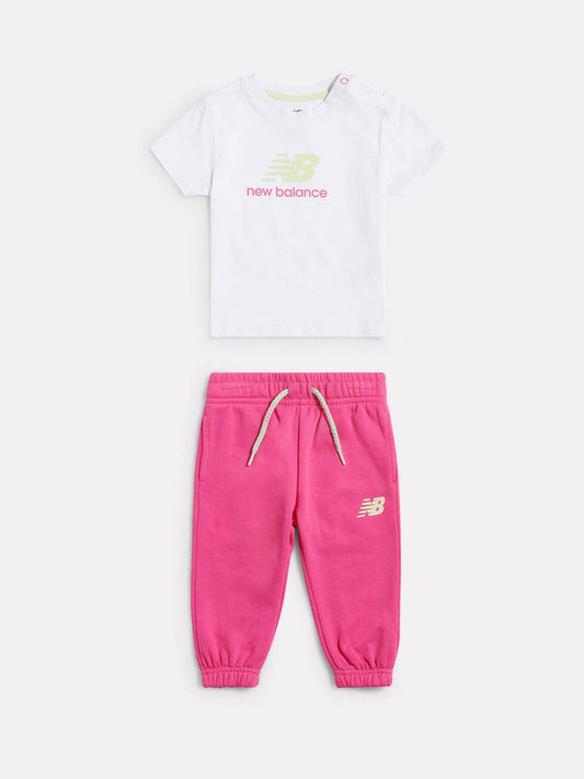New Balance White/Pink NB Stacked Logo T-Shirt and FT Joggers Set image 1