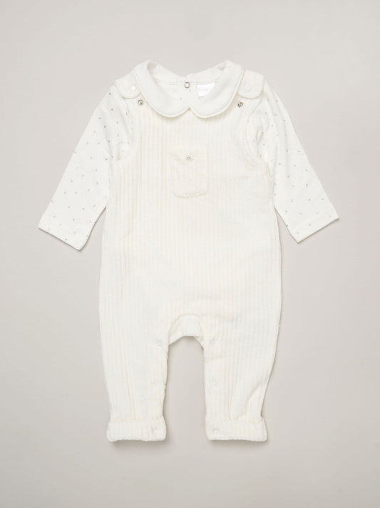 Rock-A-Bye Baby Boutique White Baby Velour Dungarees And Bodysuit Set image 2