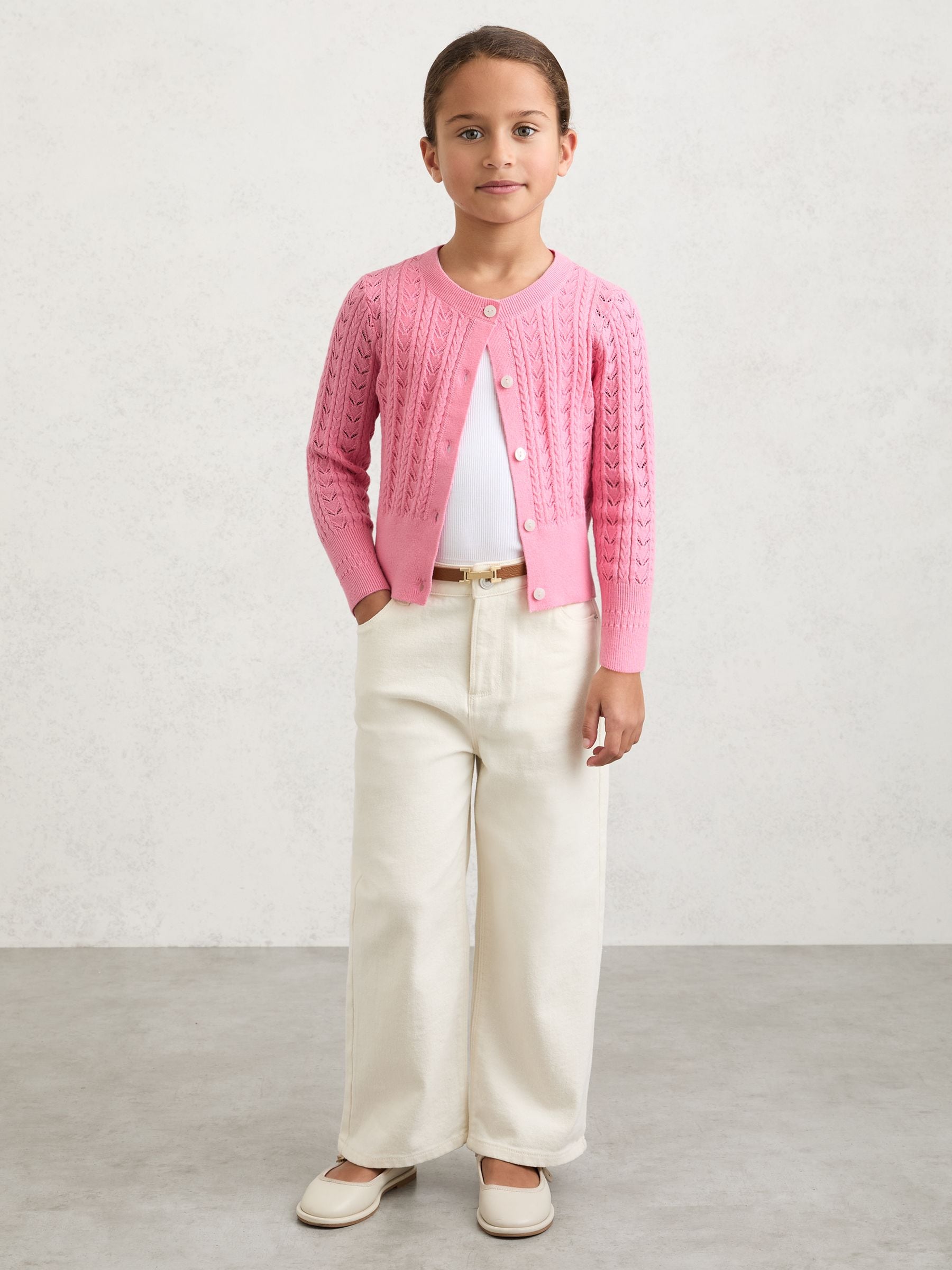 Dsiney Kidz - Reiss Bright Pink Flo 9-13 yrs Wool-Cotton Pointelle Cardigan image 3