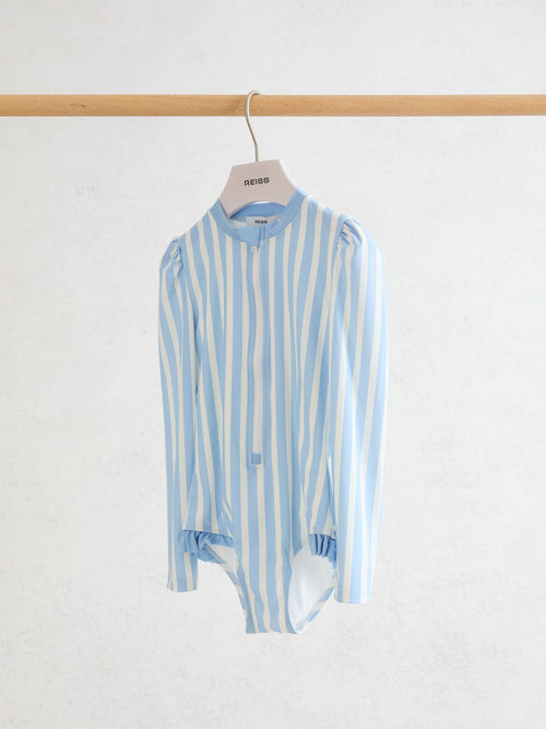 Reiss Blue/Ivory Mimi 9-13 yrs Stripe Long-Sleeve Swimsuit image 1
