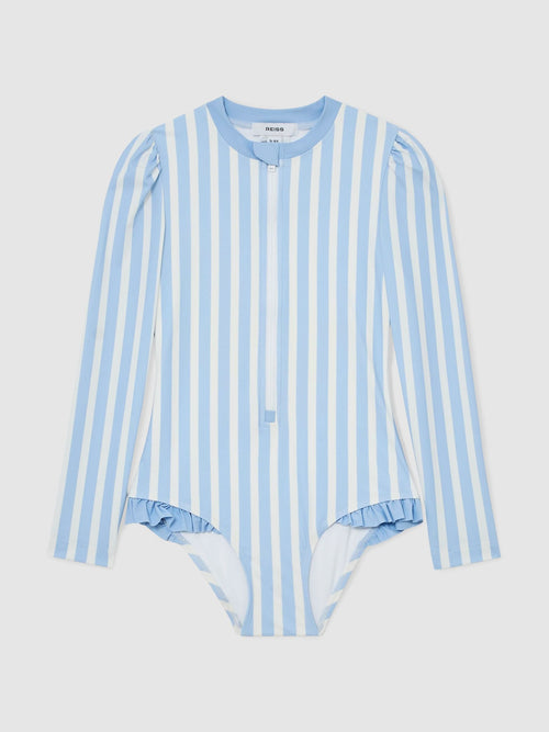 Reiss Blue/Ivory Mimi 3-9 yrs Stripe Long-Sleeve Swimsuit image 1