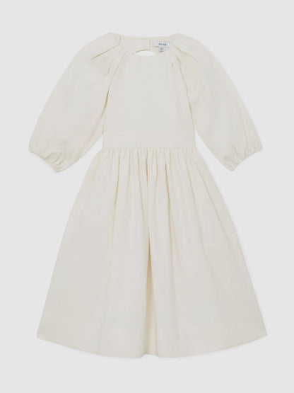 Reiss White Mae 3-9 yrs Puff-Sleeve Tie-Back Midi Dress image 2