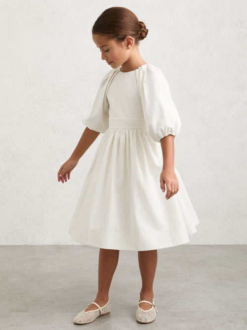 Reiss White Mae 3-9 yrs Puff-Sleeve Tie-Back Midi Dress image 1