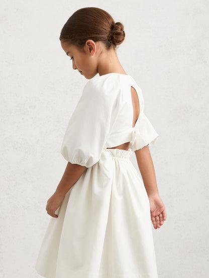 Reiss White Mae 9-13 yrs Puff-Sleeve Tie-Back Midi Dress image 3