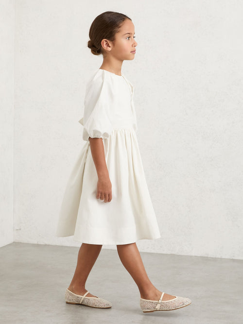 Reiss White Mae 9-13 yrs Puff-Sleeve Tie-Back Midi Dress image 1