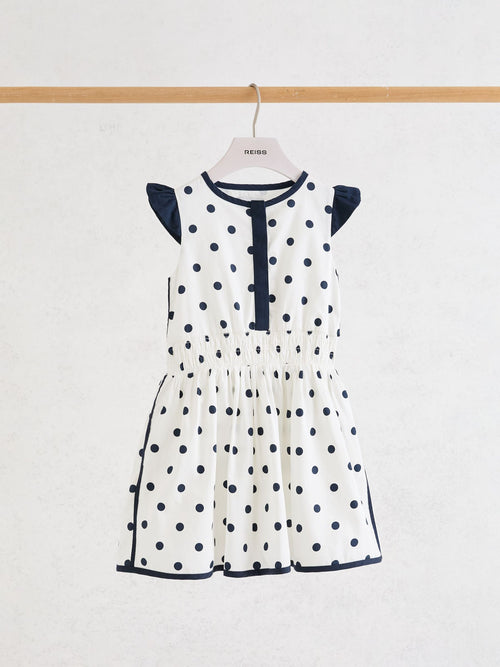 Reiss Navy/White Clarence 9-13 yrs Cotton Polka-Dot Waisted Dress image 1