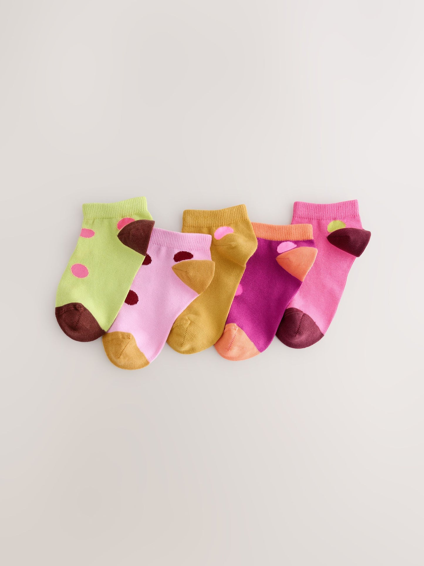 Pink Burgandy Red and Green Cotton Rich Spot Stripe Trainer Socks 5 Pack image 1