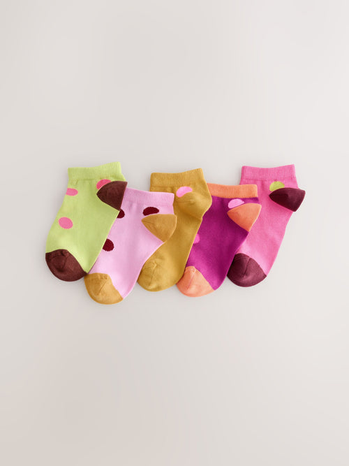 Pink Burgandy Red and Green Cotton Rich Spot Stripe Trainer Socks 5 Pack image 1