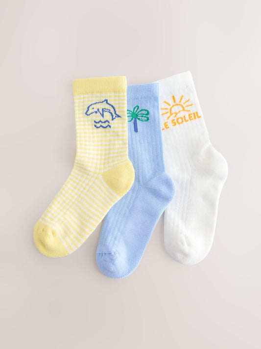 Blue/Yellow Cotton Rich Cushioned Sole Ankle Socks 3 Pack image 1
