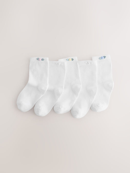 White Cotton Rich Ankle Socks with Rose Detail 5 Pack image 1