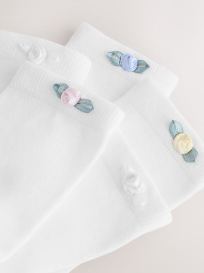 White Cotton Rich Ankle Socks with Rose Detail 5 Pack image 2