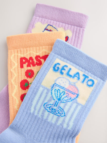 Purple, Blue and Orange Food Cotton Rich Cushioned Sole Ankle Socks 3 Pack image 2