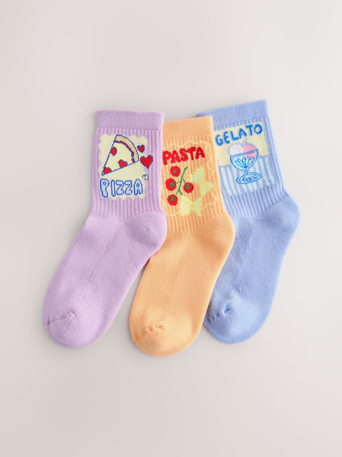 Purple, Blue and Orange Food Cotton Rich Cushioned Sole Ankle Socks 3 Pack image 1