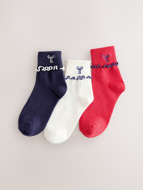 Red/Navy Blue and White Cotton Rich Turnover Embroidered Bow Ankle Socks 3 Pack image 1