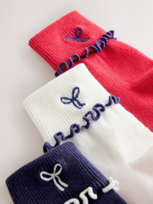 Red/Navy Blue and White Cotton Rich Turnover Embroidered Bow Ankle Socks 3 Pack image 2