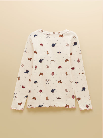 Joules Girls' Odelia Cream Horse Long Sleeve Pointelle Top - image 2