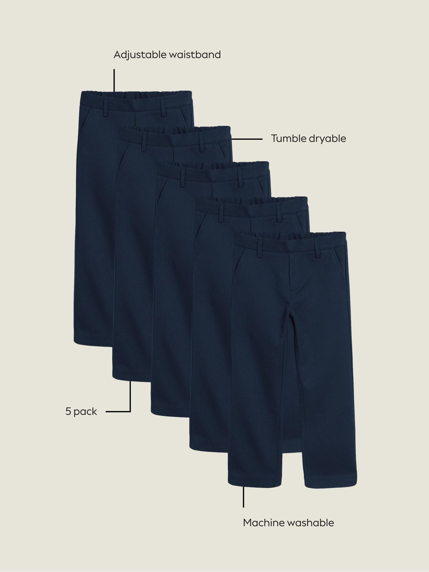 Dsiney Kidz - Navy Straight Leg Pull On Waist School Trousers 5 Pack (3-17yrs) image 4