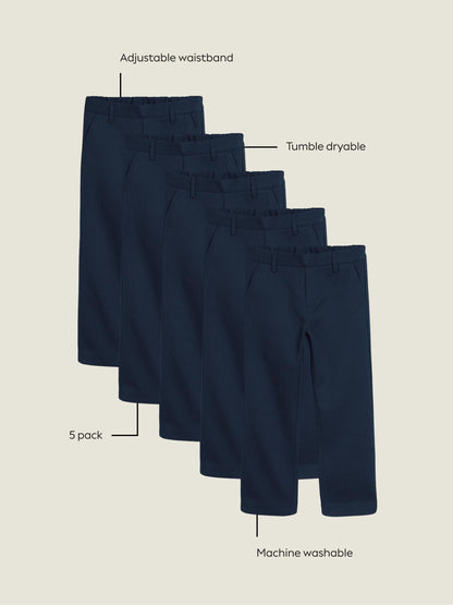 Dsiney Kidz - Navy Straight Leg Pull On Waist School Trousers 5 Pack (3-17yrs) image 4