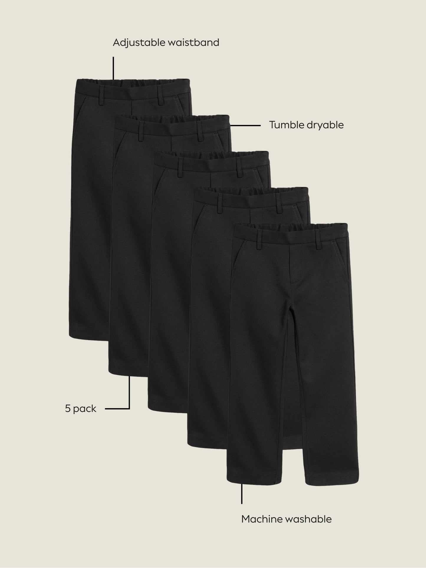 Dsiney Kidz - Black Straight Leg Pull On Waist School Trousers 5 Pack (3-17yrs) image 4