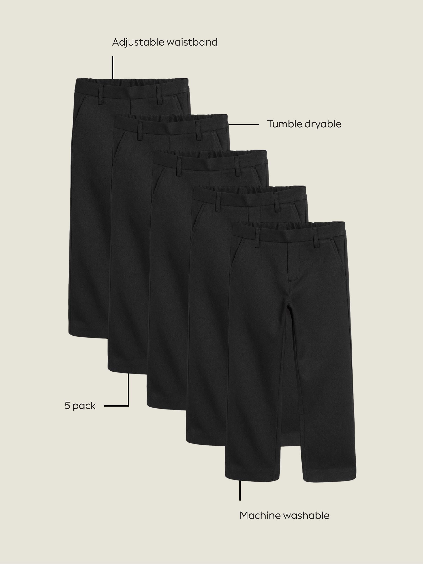 Dsiney Kidz - Black Straight Leg Pull On Waist School Trousers 5 Pack (3-17yrs) image 4