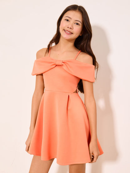 Coral Pink Bow Scuba Cut Out Dress (5-16yrs) image 1