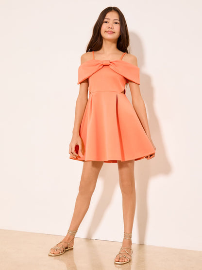 Coral Pink Bow Scuba Cut Out Dress (5-16yrs) image 3