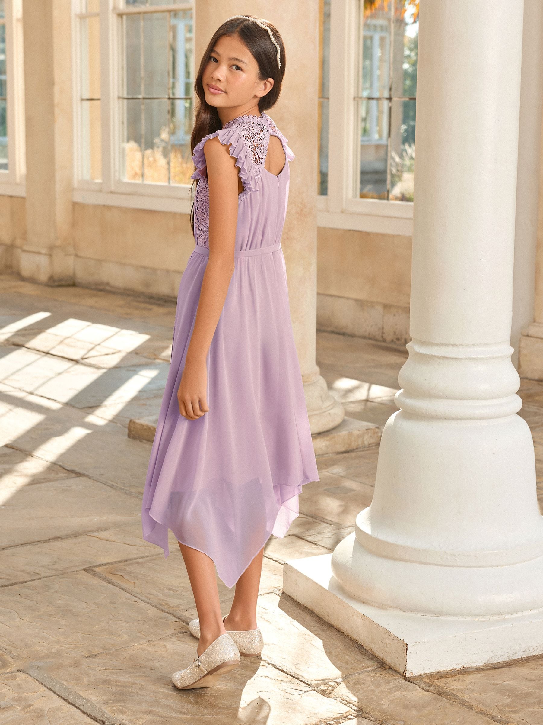 Lipsy Lilac Purple Lace Front Flutter Sleeve Occasion Dress (5-16yrs) image 5