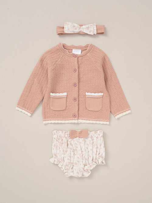 Rock-A-Bye Baby Boutique Pink Cardigan Woven Dobby Shorts Headband And Tights Outfit Set image 1