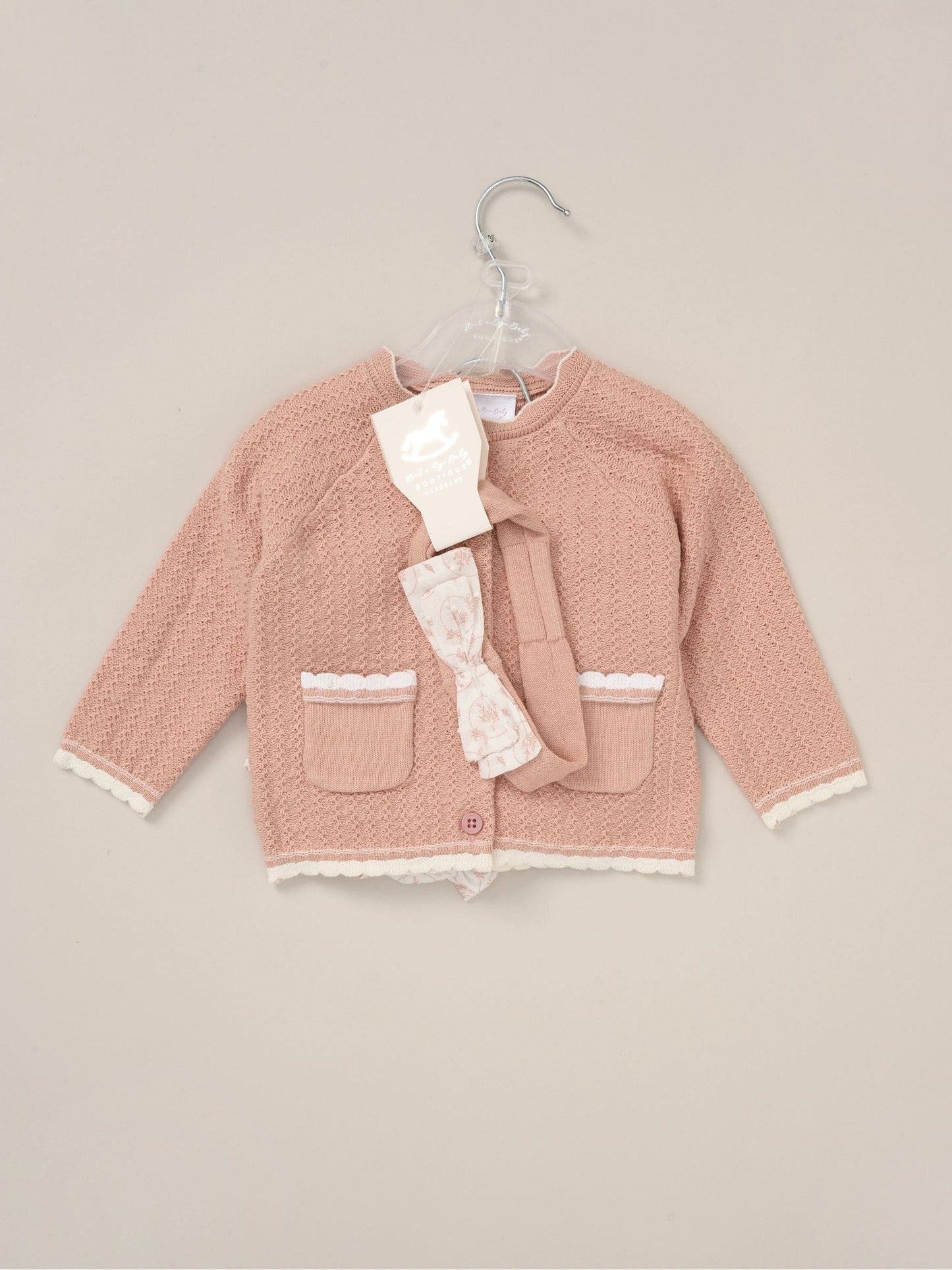 Rock-A-Bye Baby Boutique Pink Cardigan Woven Dobby Shorts Headband And Tights Outfit Set image 3