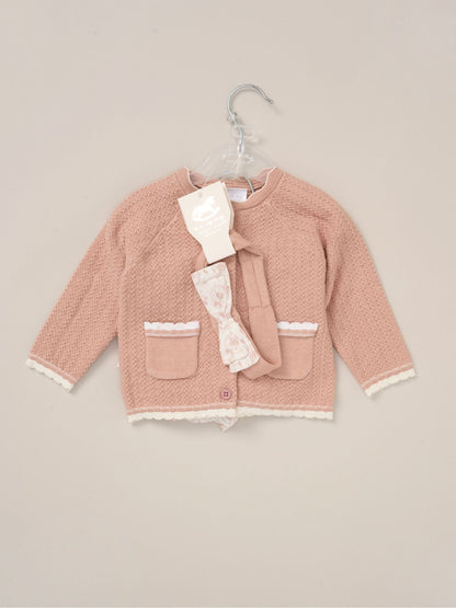 Rock-A-Bye Baby Boutique Pink Cardigan Woven Dobby Shorts Headband And Tights Outfit Set image 3