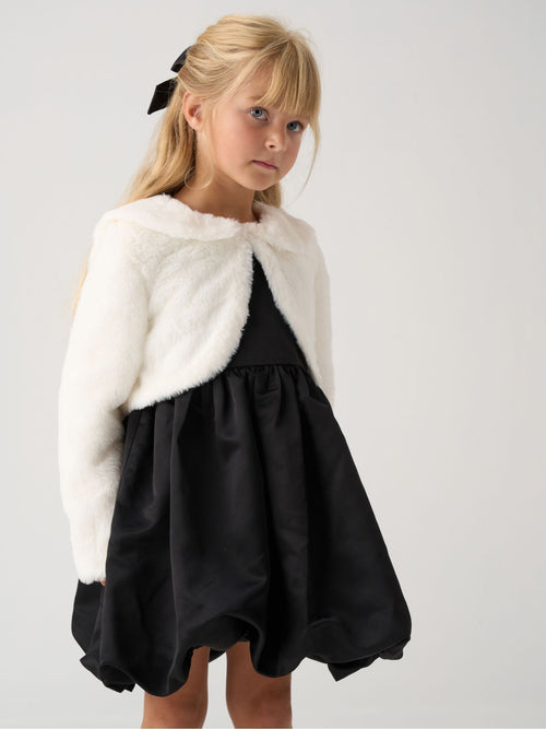 Dsiney Kidz - Miss Black Bubble Hem Satin Dress Faux Fur Cardigan and Bow Clip Set image 1