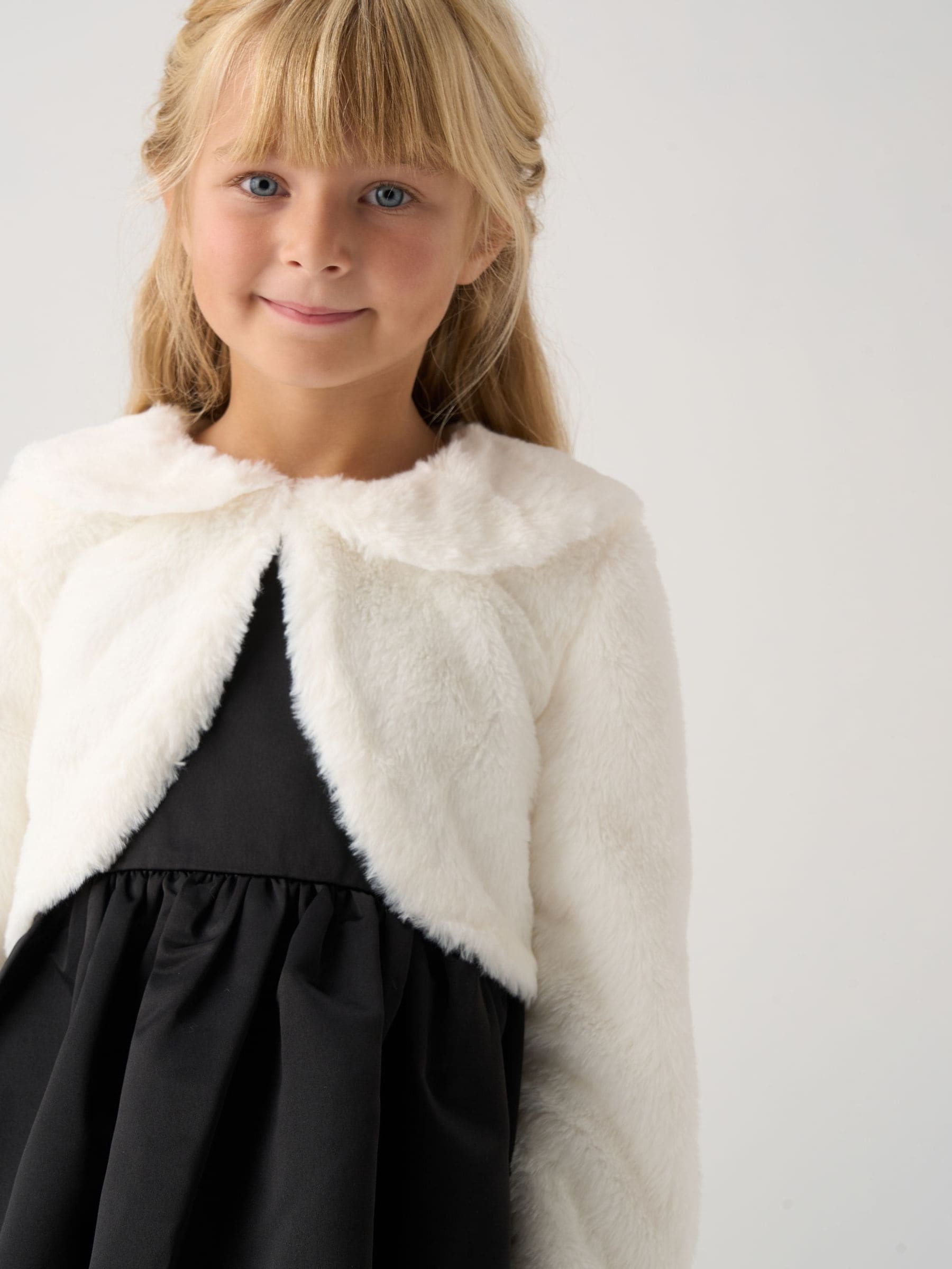 Miss Black Bubble Hem Satin Dress Faux Fur Cardigan and Bow Clip Set image 3