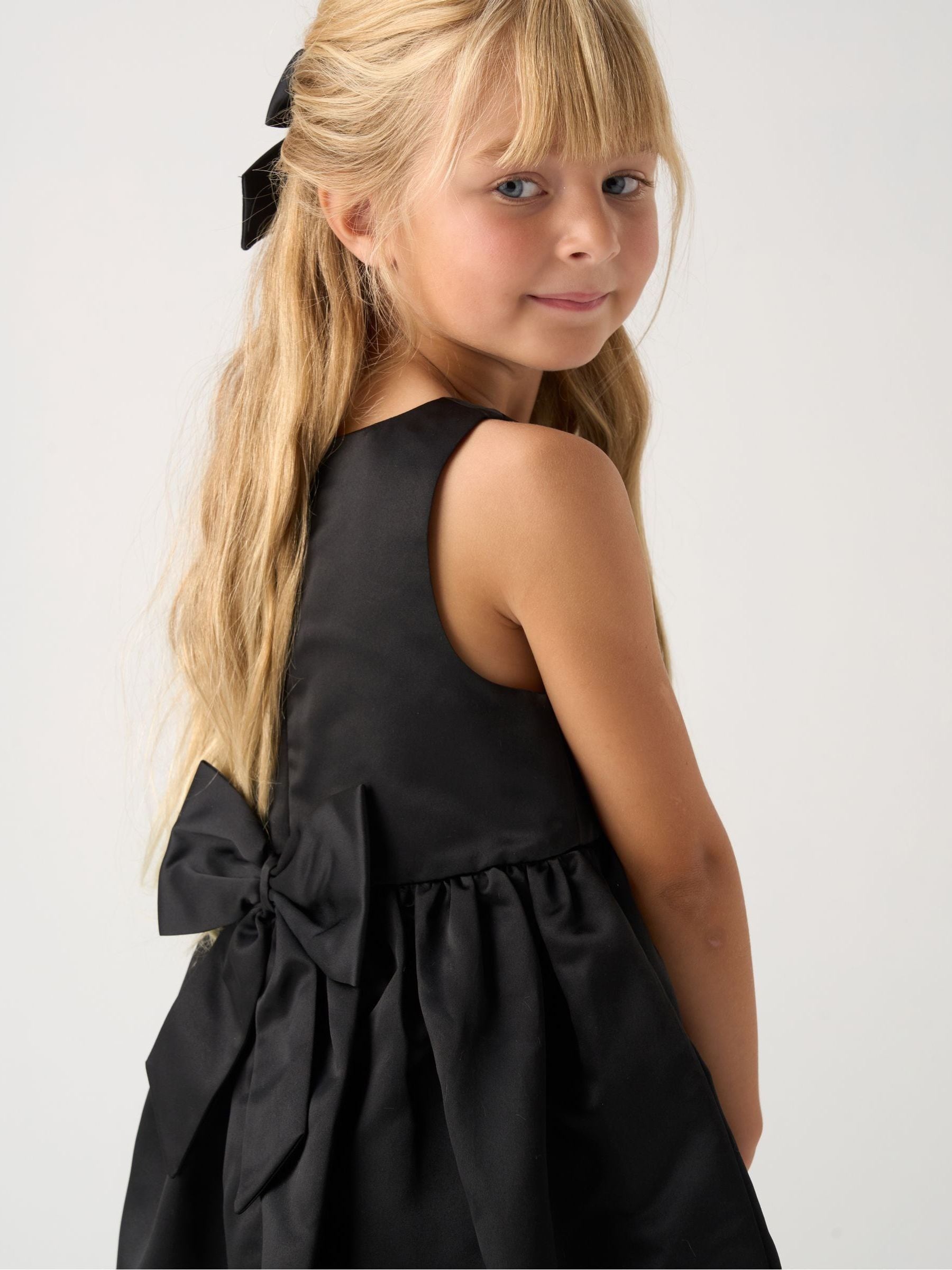 Miss Black Bubble Hem Satin Dress Faux Fur Cardigan and Bow Clip Set image 4