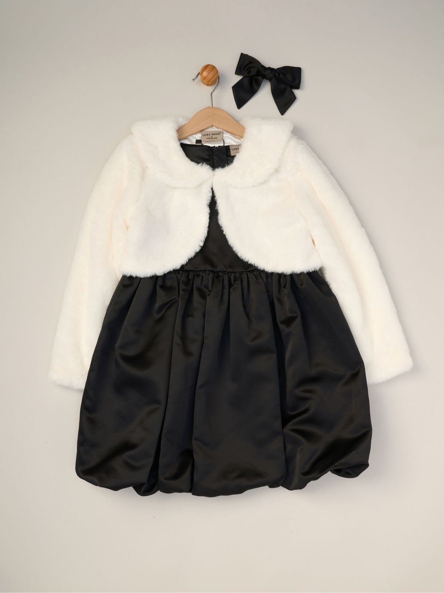 Miss Black Bubble Hem Satin Dress Faux Fur Cardigan and Bow Clip Set image 6