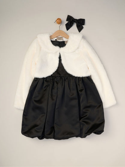 Miss Black Bubble Hem Satin Dress Faux Fur Cardigan and Bow Clip Set image 6