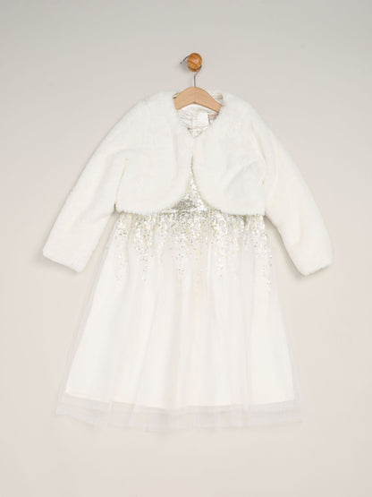 Miss White Waterfall Sequin Dress And Faux Fur Bolero Set image 2