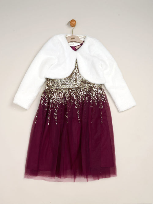 Miss Dark Pink Waterfall Sequin Dress And Faux Fur Bolero Set image 1