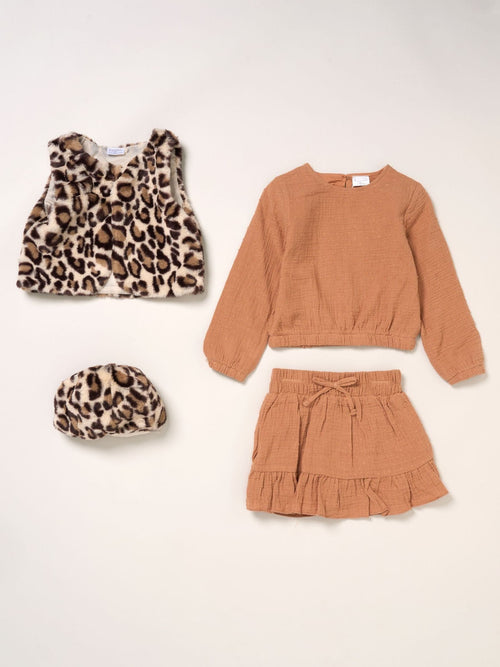Miss Brown Faux Fur Gilet Beret Muslin Top And Skirt Set image 1